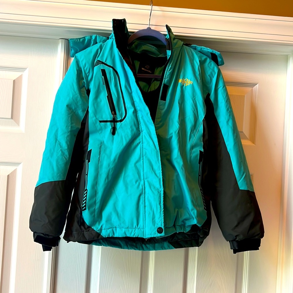 Womens powder blue and grey ski jacket.